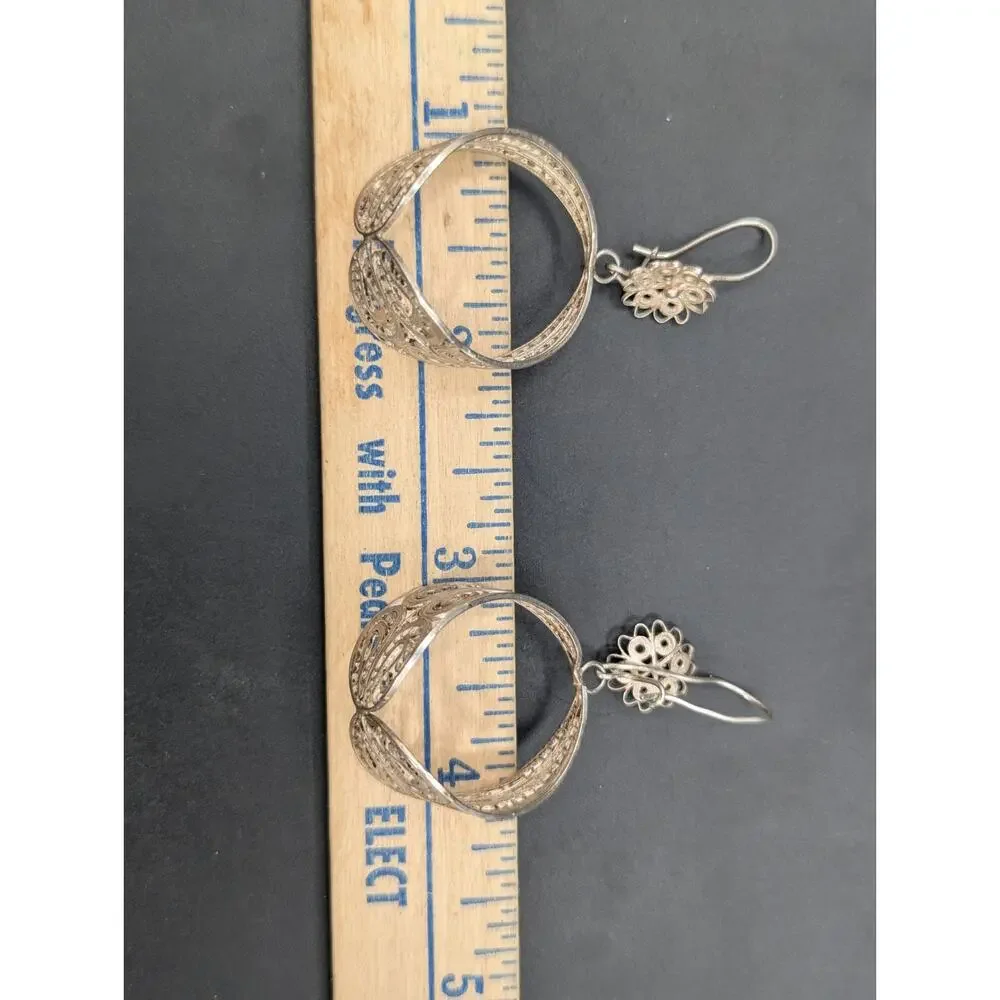 Vintage 925 Silver Large Filigree Flower & Bell Drop Earrings 7.59 Grams - Picture 4 of 7